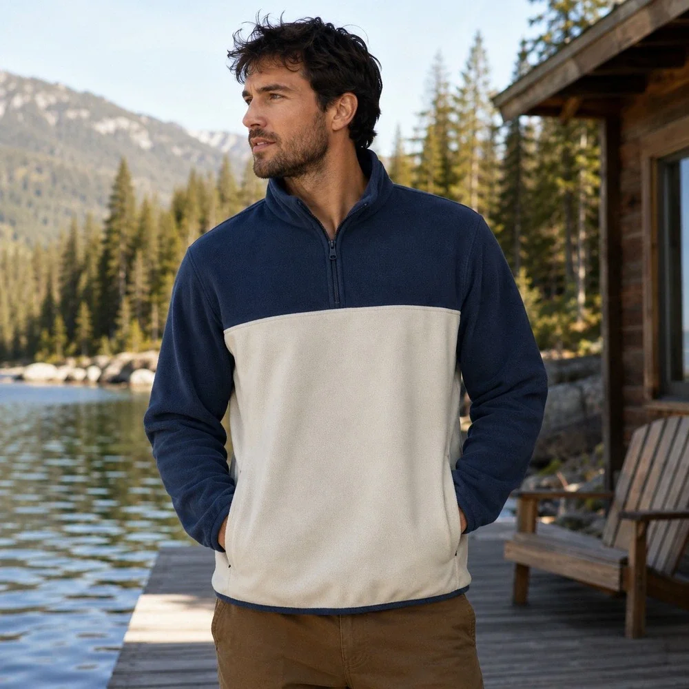 J. Crew Authentic Fleece Mens XL Blue Cream Colorblock Quarter‎ Zip Pullover
